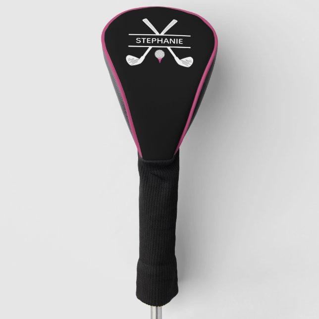Funda Para Palo De Golf Nombre personalizado rosa blanco negro (Anverso)