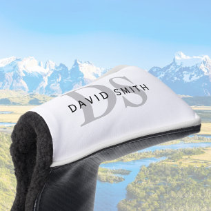Funda Para Palo De Golf Nombre y monograma modernos   Blanco negro y gris