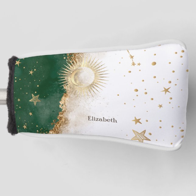 Funda Para Palo De Golf Oro Celestial Sol Y Luna Estrellas Verde (Anverso)