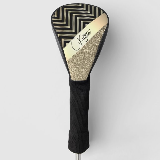 Funda Para Palo De Golf Oro Purpurinoso y Chevron negro personalizado (Anverso)