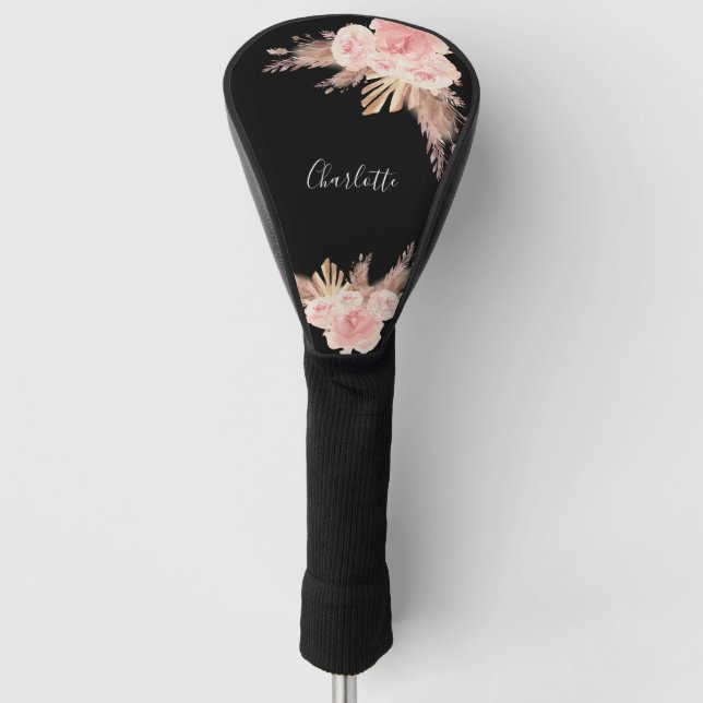 Funda Para Palo De Golf Pampas rosa boho dorado floral nombre negro (Anverso)