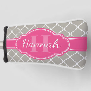 Funda Para Palo De Golf Patrón de cuarzo blanco gris Monograma rosado