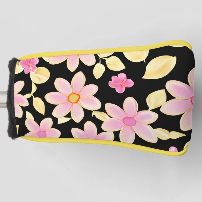 Funda Para Palo De Golf Patrón de flor rosa y negra (Anverso)
