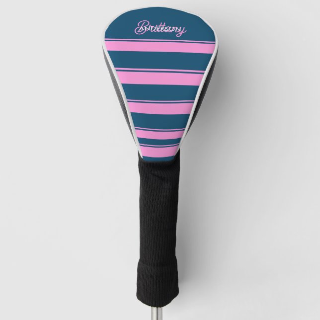 Funda Para Palo De Golf Patrón de franjas azul y rosa personalizado (Anverso)