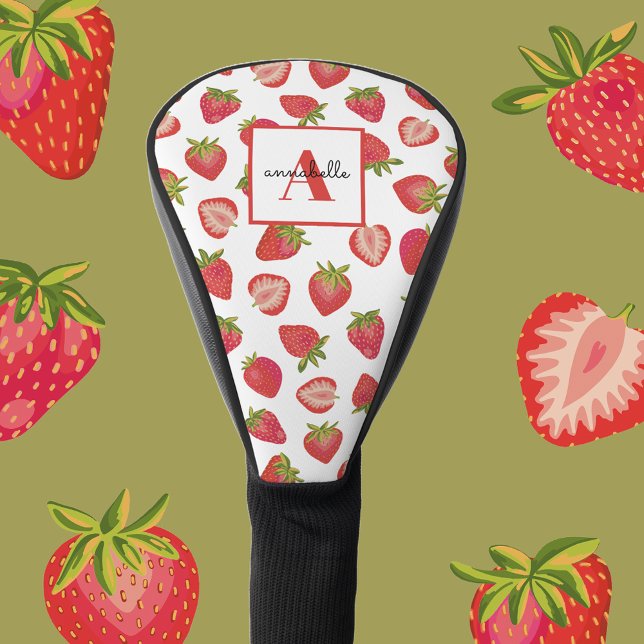 Funda Para Palo De Golf Patrón de fresa monograma peronizado (Fun strawberry print golf head cover - personalize with your name & initials for a custom golf gift.)