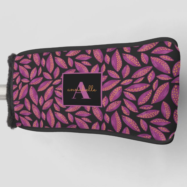 Funda Para Palo De Golf Patrón de hojas moradas monogramadas de otoño (Anverso)