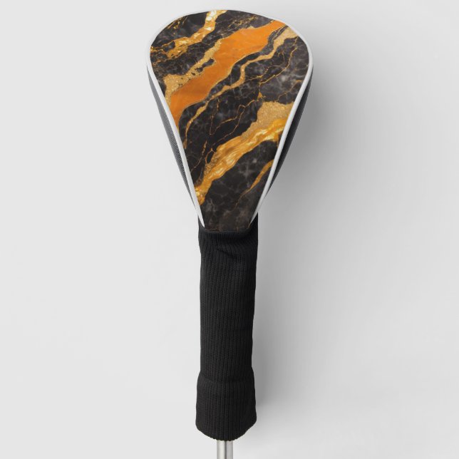 Funda Para Palo De Golf Patrón de mármol negro naranja con oro (Anverso)