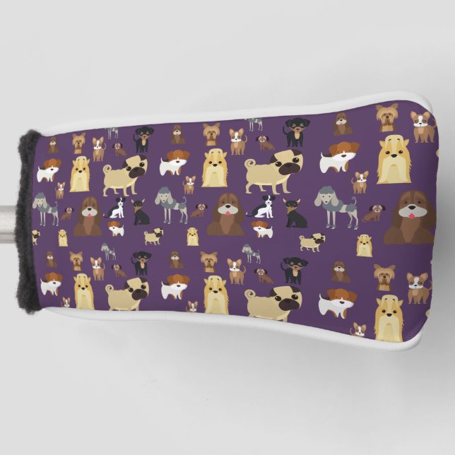 Funda Para Palo De Golf patrón de perros de fondo morado. (Anverso)