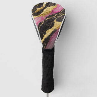 Funda Para Palo De Golf Patrón rosa de mármol negro con oro