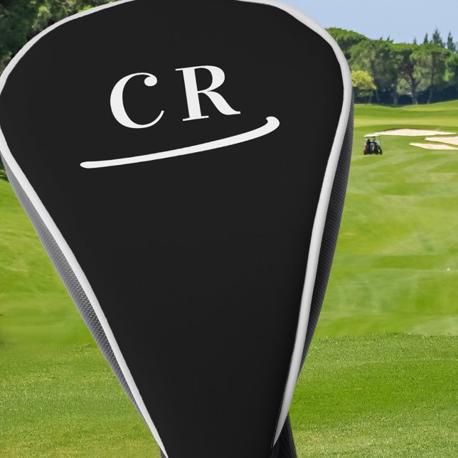 Funda Para Palo De Golf Personalizado Golfer Monograma Iniciales Blanco Ne (Custom Golfer Monogram Initials Modern Black White Golf Head Cover)