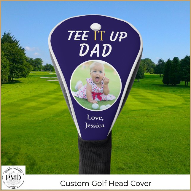 Funda Para Palo De Golf Personalizado Tee It Up Dad Photo Navy Blue (Custom Tee It Up Dad Photo Navy Blue Gold Head Cover with Child or Pet Photo, Name.)