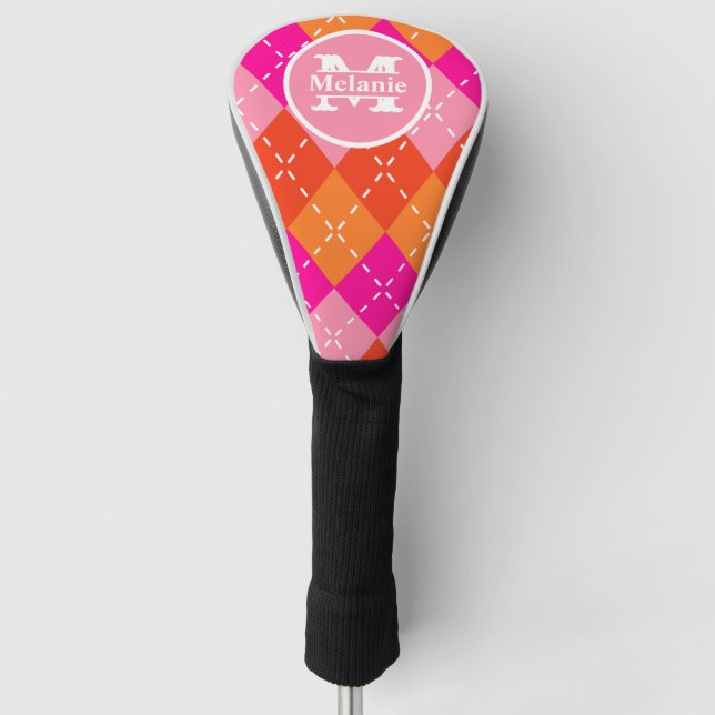 Funda Para Palo De Golf Pink and Naranja Golfing Argyle Preppy Personaliza (Anverso)