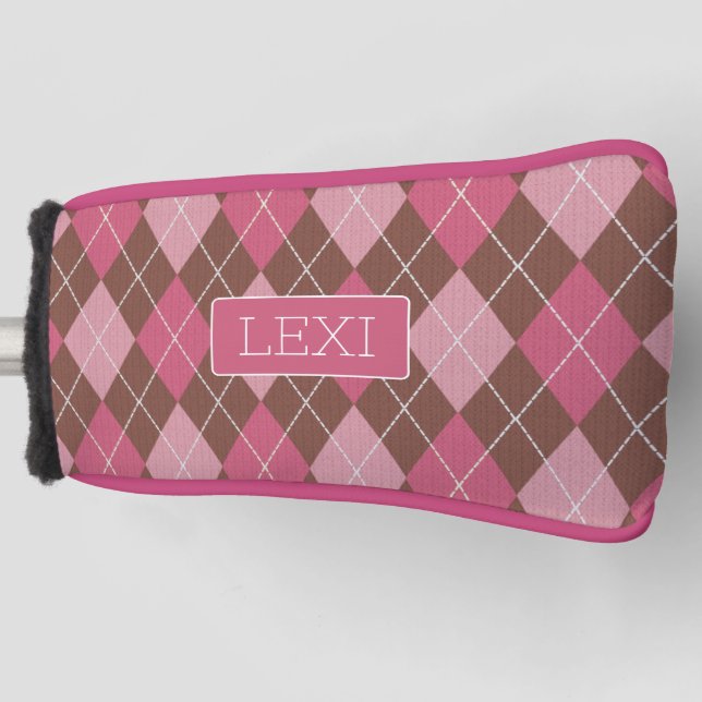 Funda Para Palo De Golf Pink Argyle sobre el patrón de cosecha marrón con  (Anverso)
