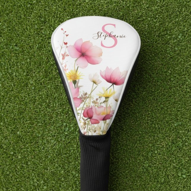 Funda Para Palo De Golf Pink Botanical Floral Monogram (Pink wildflower floral monogram golf head cover)