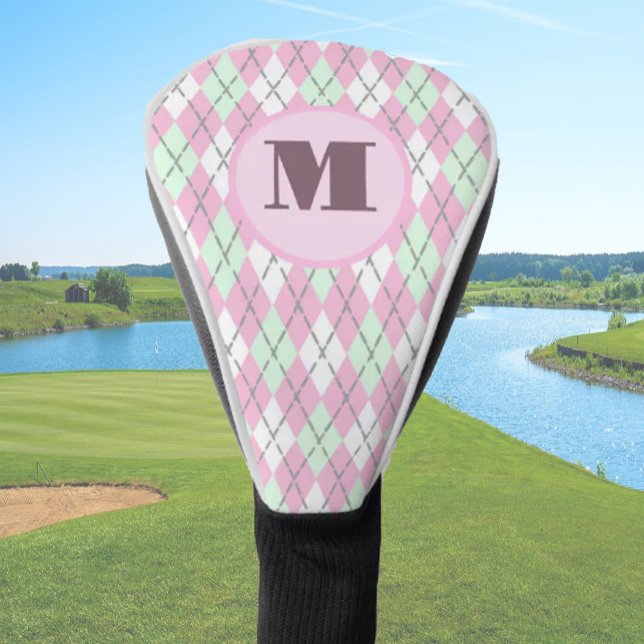 Funda Para Palo De Golf Pink Green preppy argyle custom monogram ladies (Subido por el creador)
