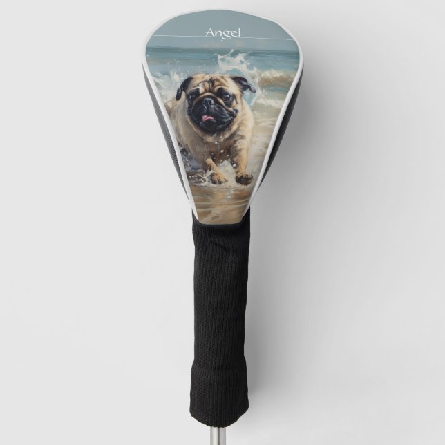 Funda Para Palo De Golf Pug feliz en el personalizable de la playa (Anverso)