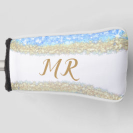 Funda Para Palo De Golf purpurina de oro azul chispa monograma texto