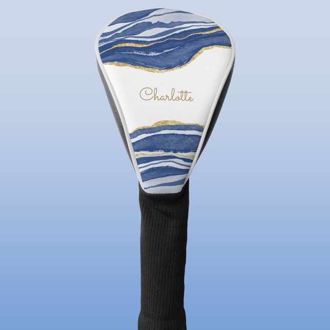 Funda Para Palo De Golf Purpurina de oro de Blue Marble Agate (Blue watercolor agate marble personalized name golf head cover)