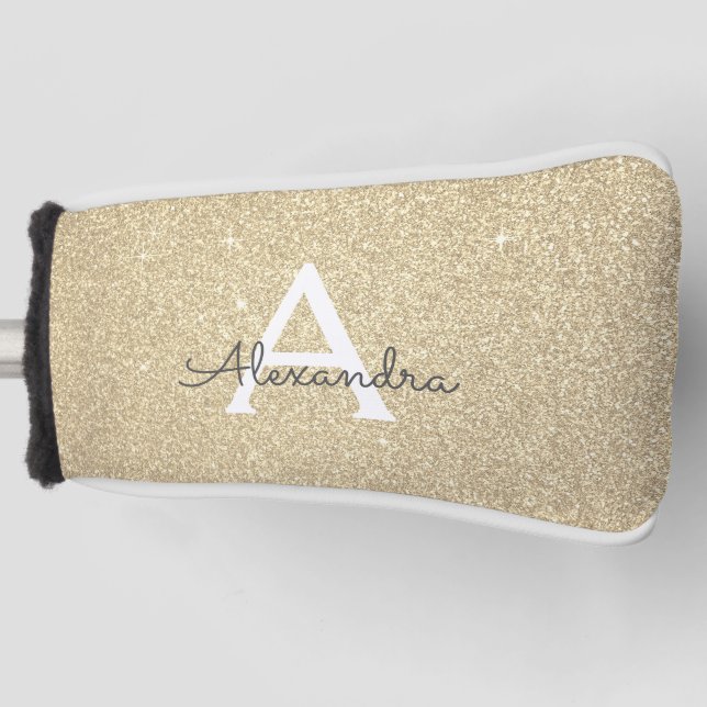 Funda Para Palo De Golf Purpurina de oro y nombre del monograma de destell (Anverso)