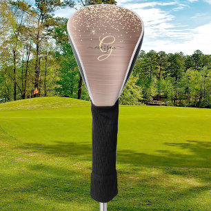 Funda Para Palo De Golf Purpurina dorada, Monograma dorado, Nombre en letr