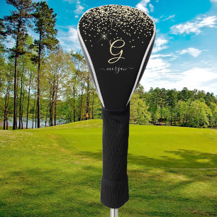Funda Para Palo De Golf Purpurina dorado y Monograma Nombre de guión blanc