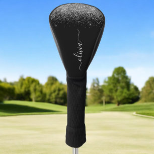 Funda Para Palo De Golf Purpurina negro plateado Script Monograma Nombre d
