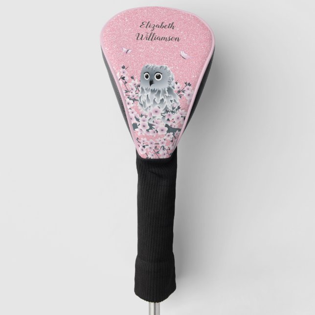 Funda Para Palo De Golf Purpurina rosa con flores de cerezo de búho (Anverso)