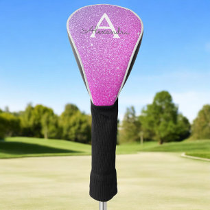 Funda Para Palo De Golf Purpurina rosa morado y nombre de monograma de des