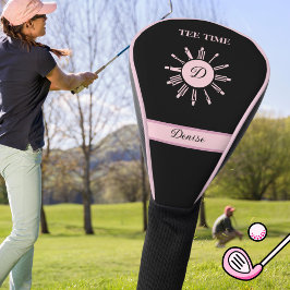 Funda Para Palo De Golf Reloj de tiempo negro Nombre rosa negro Monograma