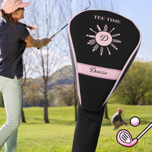 Funda Para Palo De Golf Reloj de tiempo negro Nombre rosa negro Monograma (Subido por el creador)
