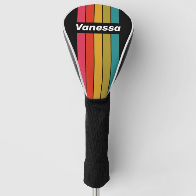 Funda Para Palo De Golf Retro Midnight Rainbow Pin Striped with Name (Anverso)