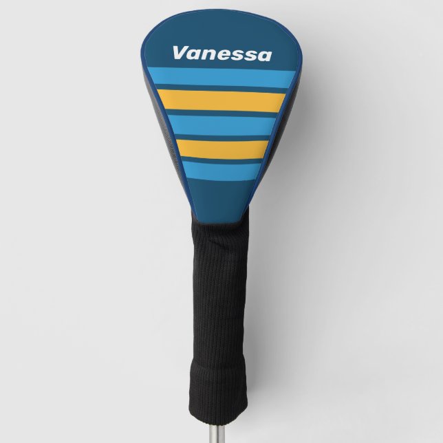 Funda Para Palo De Golf Retro Navy Blue Across Striping with Name (Anverso)