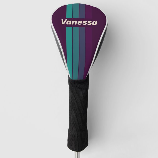 Funda Para Palo De Golf Retro Purple Rainbow Pin Striping with Name (Anverso)