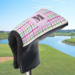 Funda Para Palo De Golf Ropa a cuadros rosa y verde con monograma personal