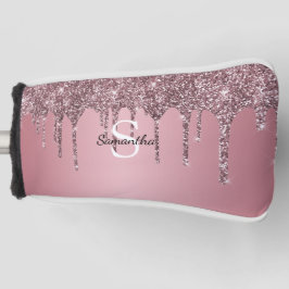 Funda Para Palo De Golf Rosa Dorado Glitter Monograma Nombre con Goteo