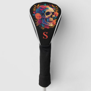 Funda Para Palo De Golf Rosa gótico colorido Monograma de cráneo azucarero