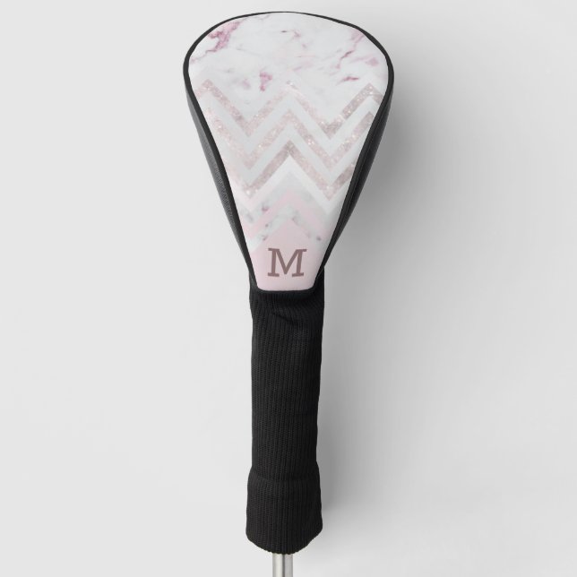 Funda Para Palo De Golf Rosa purpurina de oro chevron monograma de mármol  (Anverso)