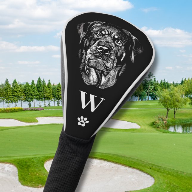 Funda Para Palo De Golf Rottweiler Rottie Dog Monogram Initial Black White (Personalize with your monogram initial)