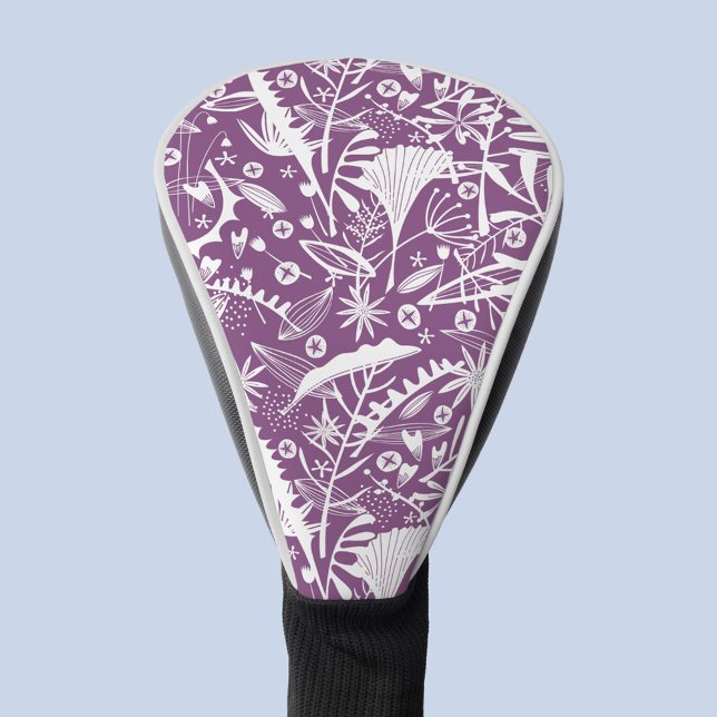 Funda Para Palo De Golf Silhouette floral Purple Botanical (Purple and white botanical leaf and flower silhouette pattern golf head cover)