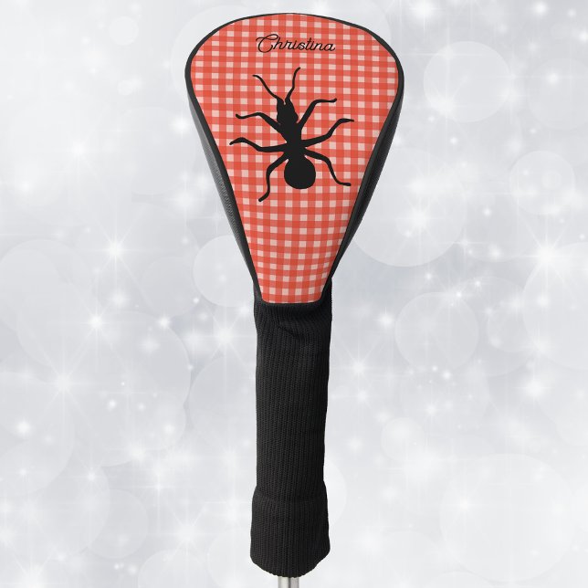 Funda Para Palo De Golf Silhouette Gran Hormiga Negra sobre Placa Roja Bla (Big black ant silhouette on tablecloth picnic red and white plaid pattern on golf club cover.)