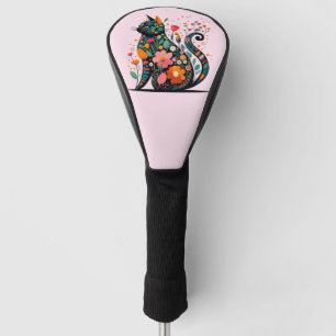 Funda Para Palo De Golf Silueta de gato negro hecha de flores de colores