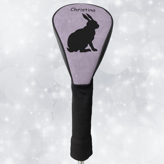 Funda Para Palo De Golf Sitting Black Silhouette Rabbit Tall Oars Purple (Black sitting rabbit in silhouette form on pretty marbled purple golf club cover.)
