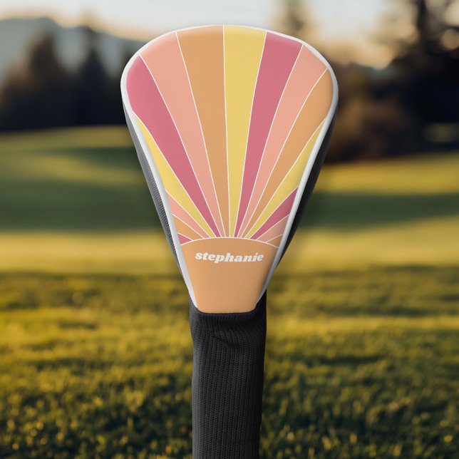Funda Para Palo De Golf Sunrise de rayas retro - nombre de guión de arcoir (Personalized Golf Head Cover)