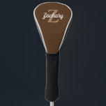 Funda Para Palo De Golf Tan marrón y Monograma blanco personalizado<br><div class="desc">Esta cubierta personalizada del controlador presenta un monograma de bronceado y un nombre de retro blanco sobre un fondo marrón.</div>