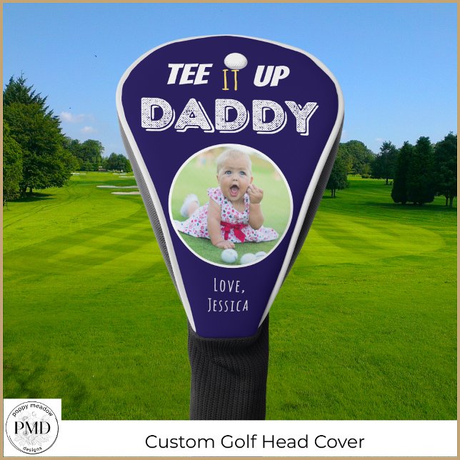 Funda Para Palo De Golf Tee It Up Daddy Personalizado Photo Fathers Day Na (Tee It Up Daddy Custom Photo Father's Day Navy Blue Golf Head Cover with Child or Pet Photo, Names)
