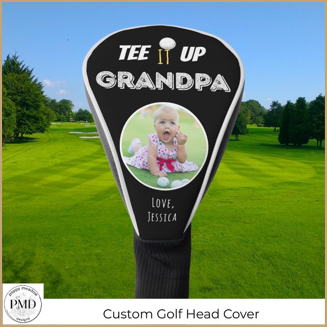 Funda Para Palo De Golf Tee It Up Grandpa Personalizado Foto De Los Padres (Tee It Up Grandpa Custom Photo Father's Day Black Golf Head Cover with Child or Pet Photo, Names)