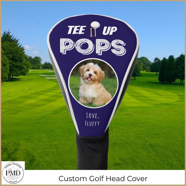 Funda Para Palo De Golf Tee Up Pops Personalizado Mascota Foto Padres (Tee It Up Pops Custom Pet Photo Father's Day Navy Blue Golf Head Cover with Child or Pet Photo, Name)