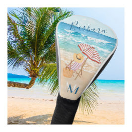 Funda Para Palo De Golf Tema de playa Monograma de acuarela Nombre 
