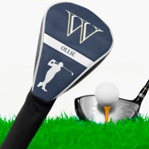 Funda Para Palo De Golf Textura de cuero azul Monograma blanco