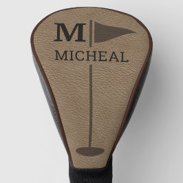 Funda Para Palo De Golf Textura de cuero marrón Monograma Nombre